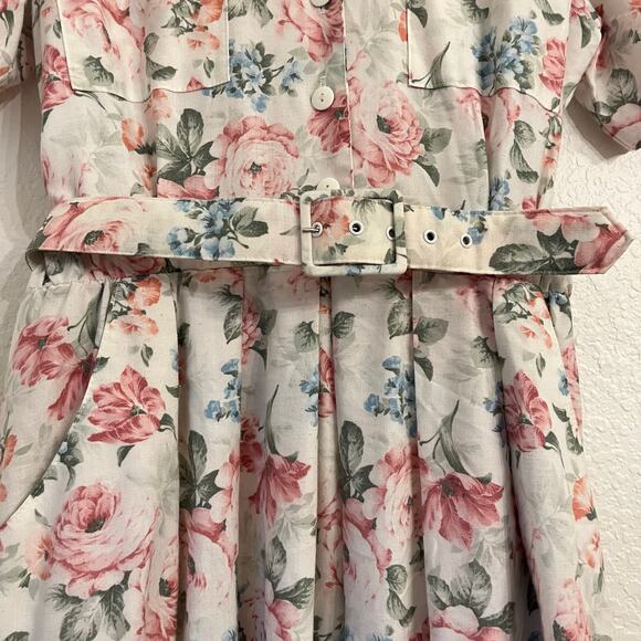 Vintage 80s Periwinkle Belted Shirtdress 6 White Floral Coquette Cottage Pinup - Picture 11 of 16